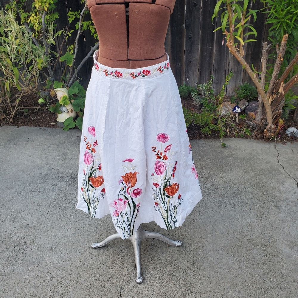 Elevenses White Skirt with Pink and Orange Floral Embroidery